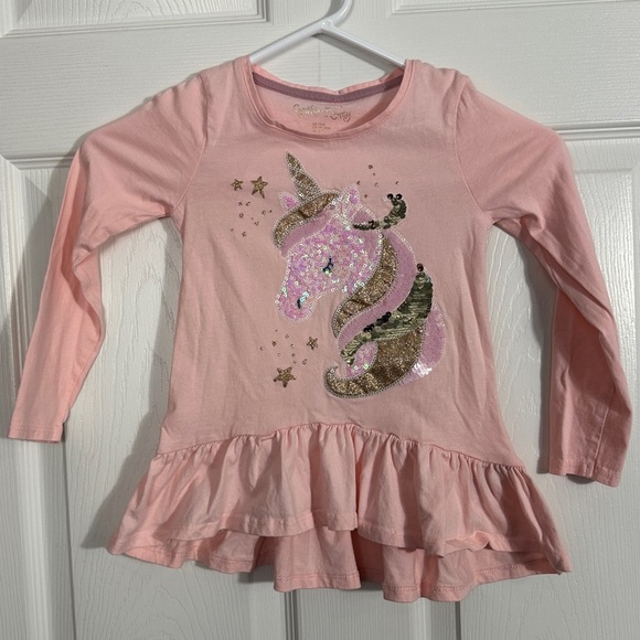 Cynthia Rowley pink ruffle-hem sequined unicorn top, sz XS/4, cotton - Picture 1 of 7